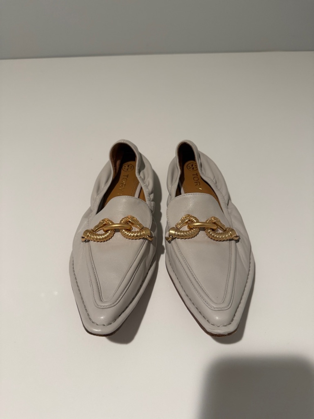 Tory Burch Cream Leather Pointed Loafers with Gold Chain